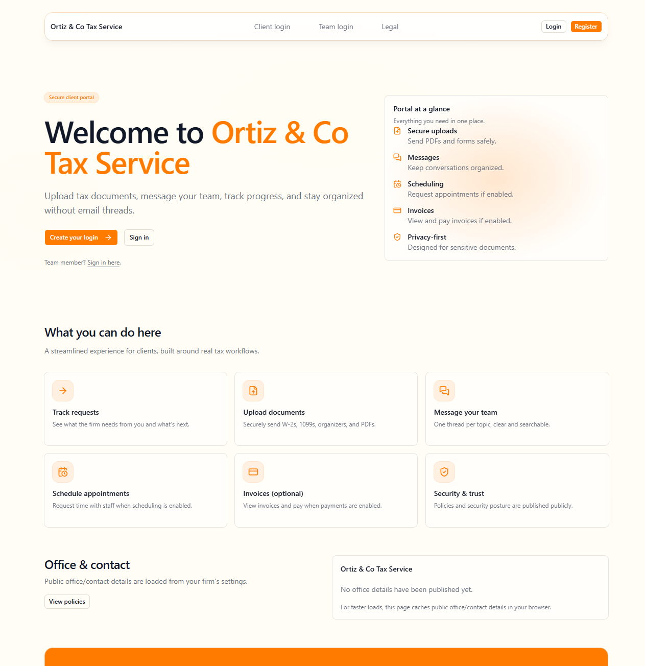 Example client portal — branded landing page with secure uploads, messaging, scheduling, and invoicing features
